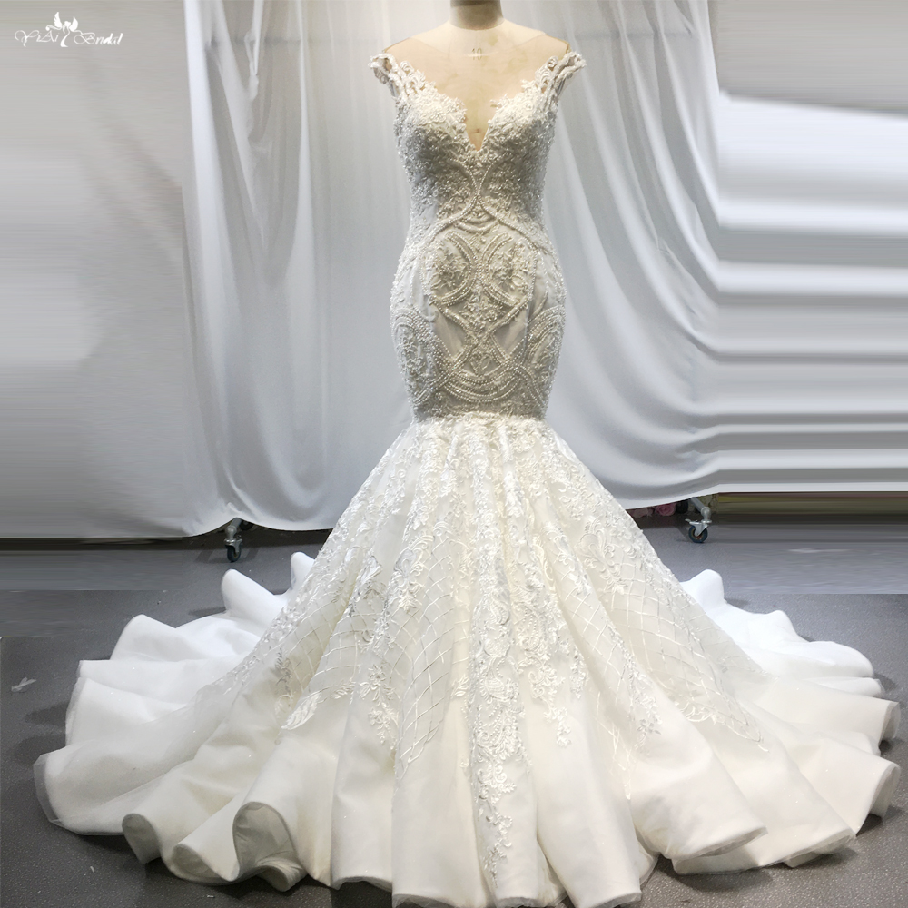 Sleeveless Boat Illusion Neckline Satin V Neckline Fluffy Mermaid Wedding Dress 8