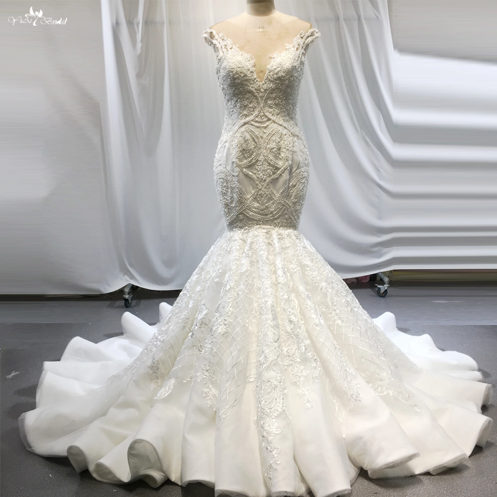 Sleeveless Boat Illusion Neckline Satin V Neckline Fluffy Mermaid Wedding Dress 1