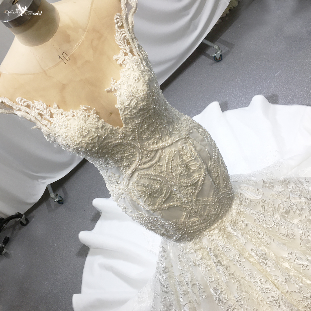 Sleeveless Boat Illusion Neckline Satin V Neckline Fluffy Mermaid Wedding Dress 11