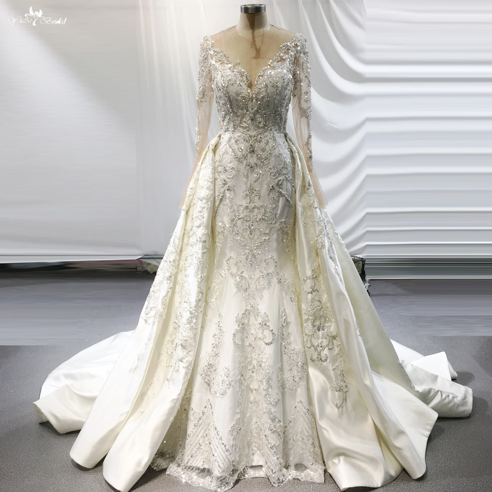 Silver Sequin Crystals Shine Applliques Long Sleeve Mermaid Dresses Wedding Detachable Skirt With Necklace 1