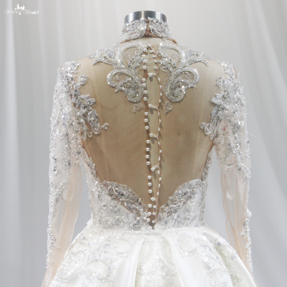 Silver Sequin Crystals Shine Applliques Long Sleeve Mermaid Dresses Wedding Detachable Skirt With Necklace 10