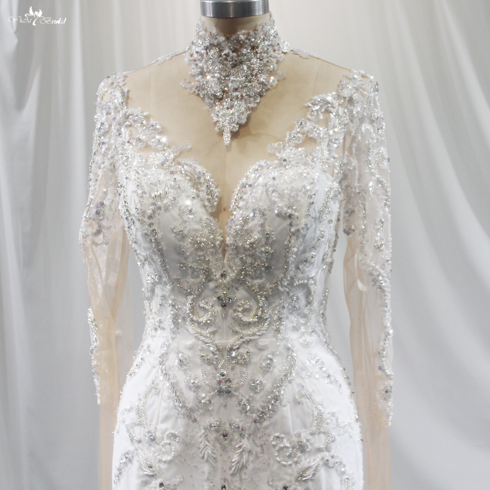 Silver Sequin Crystals Shine Applliques Long Sleeve Mermaid Dresses Wedding Detachable Skirt With Necklace 9