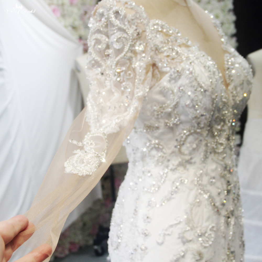 Silver Sequin Crystals Shine Applliques Long Sleeve Mermaid Dresses Wedding Detachable Skirt With Necklace 11