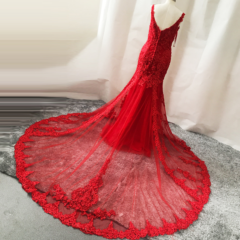 V Neckline Sheer Long Train Lace Appliques Mermaid Wedding Dresses Red Dress 6