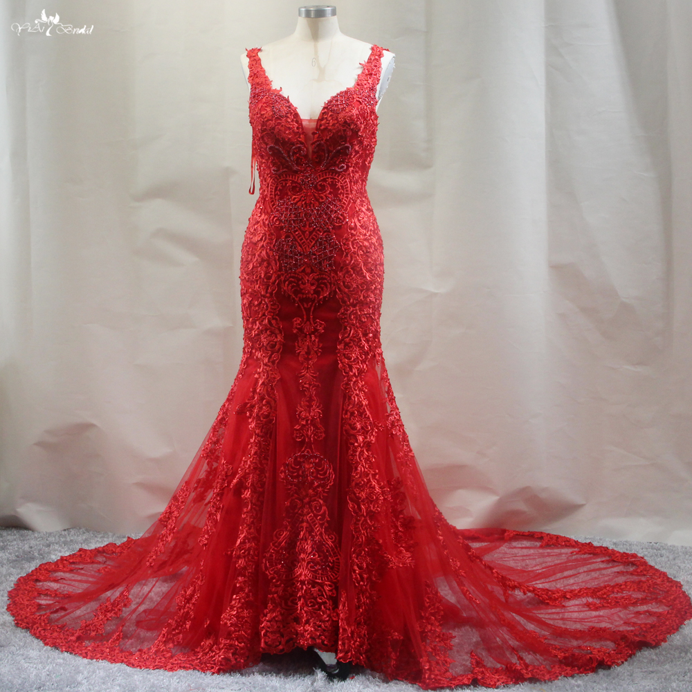 V Neckline Sheer Long Train Lace Appliques Mermaid Wedding Dresses Red Dress 7