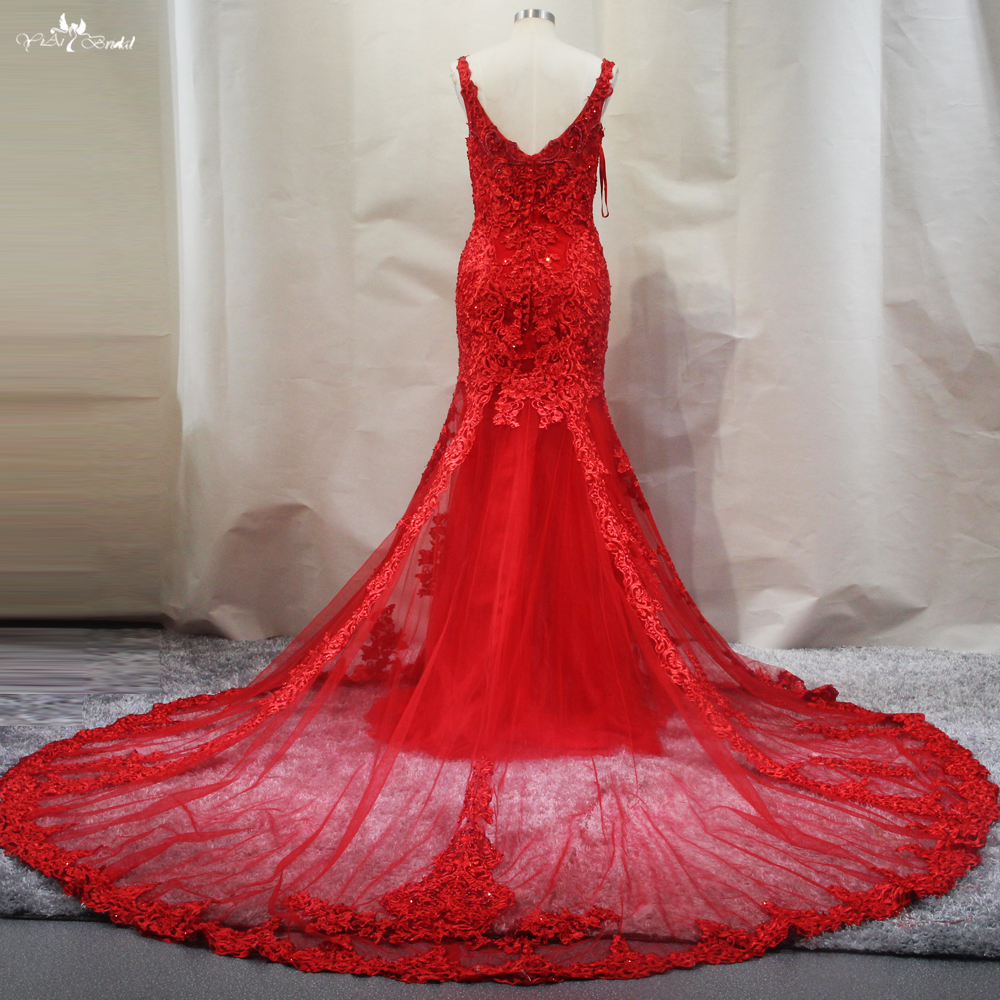 V Neckline Sheer Long Train Lace Appliques Mermaid Wedding Dresses Red Dress 9