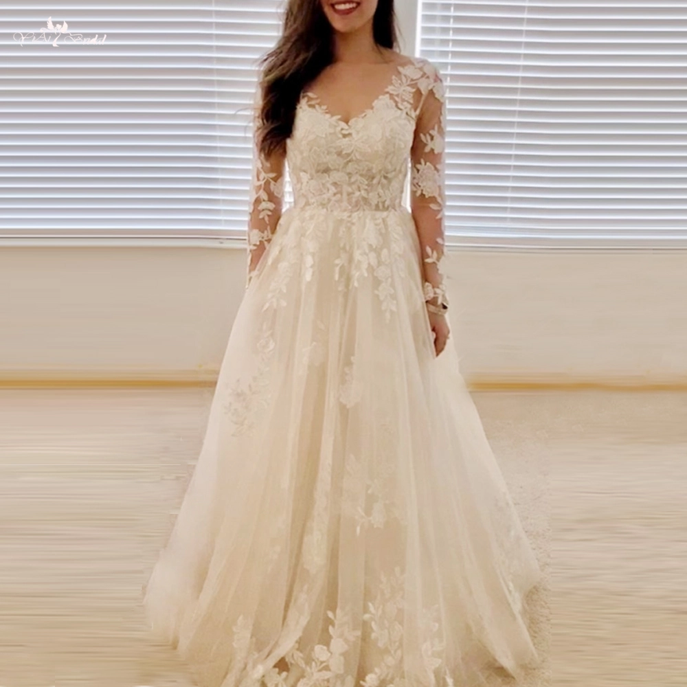 Vestido de festa leve e elegante, mangas compridas, champanhe, boho, vestido de noiva, linha A 1