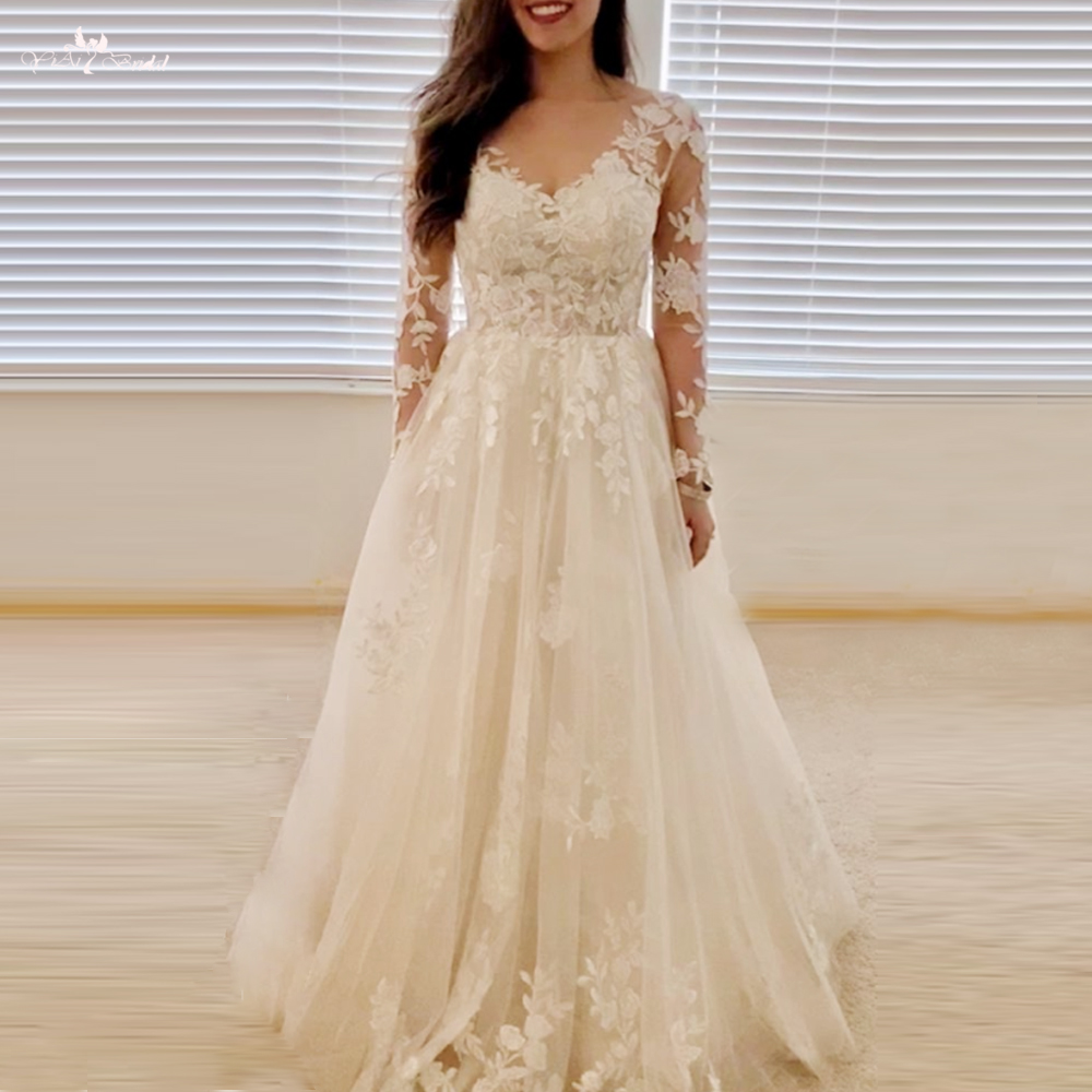 Vestido de festa leve e elegante, mangas compridas, champanhe, boho, vestido de noiva, linha A 8