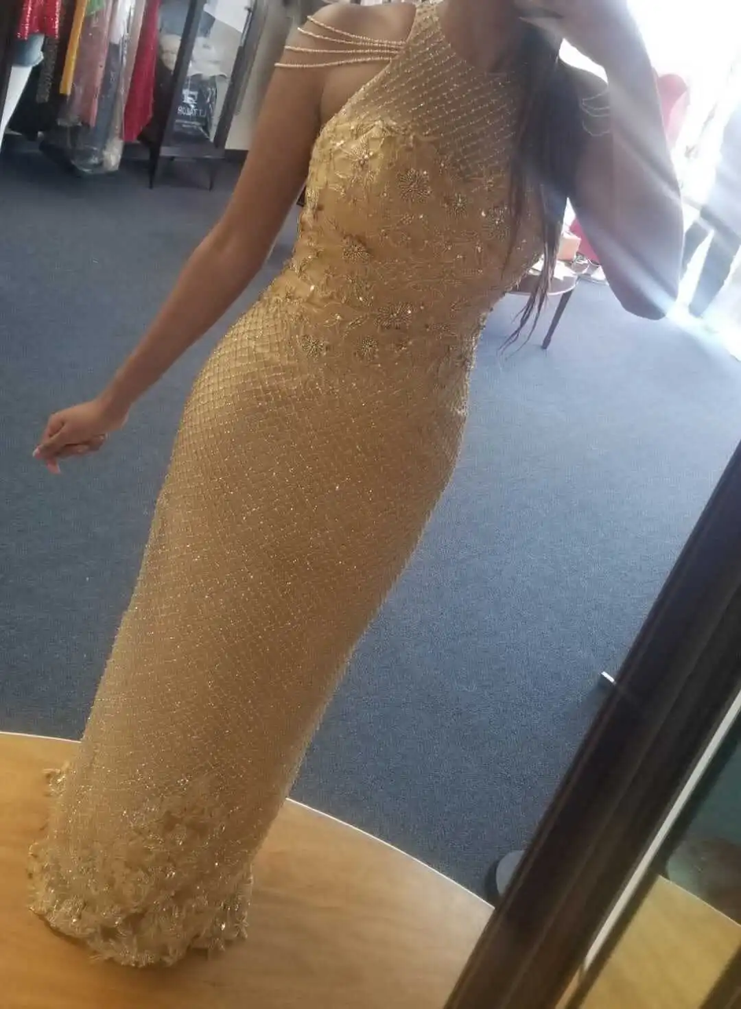 Sparkly Gold Sleeveless Halt Neckline Sweetheart African Evening Gown Back Slit 1