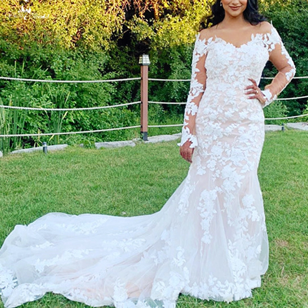 Quality V Neckline Blush Lining Ivory Lace Mermaid Vestido De Noiva Manga Longa Manufacturer | Yiaibridal 1