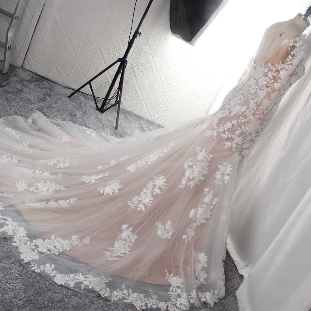 Quality V Neckline Blush Lining Ivory Lace Mermaid Vestido De Noiva Manga Longa Manufacturer | Yiaibridal 11