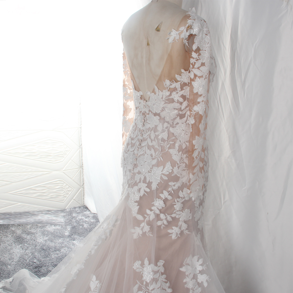 Quality V Neckline Blush Lining Ivory Lace Mermaid Vestido De Noiva Manga Longa Manufacturer | Yiaibridal 10