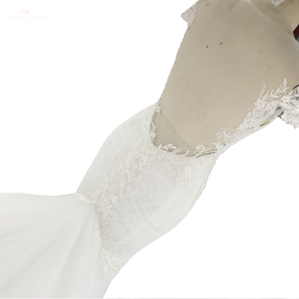 Cap Sleeve Illusion Back Lace Mermaid Wedding Gown with Long Train 16