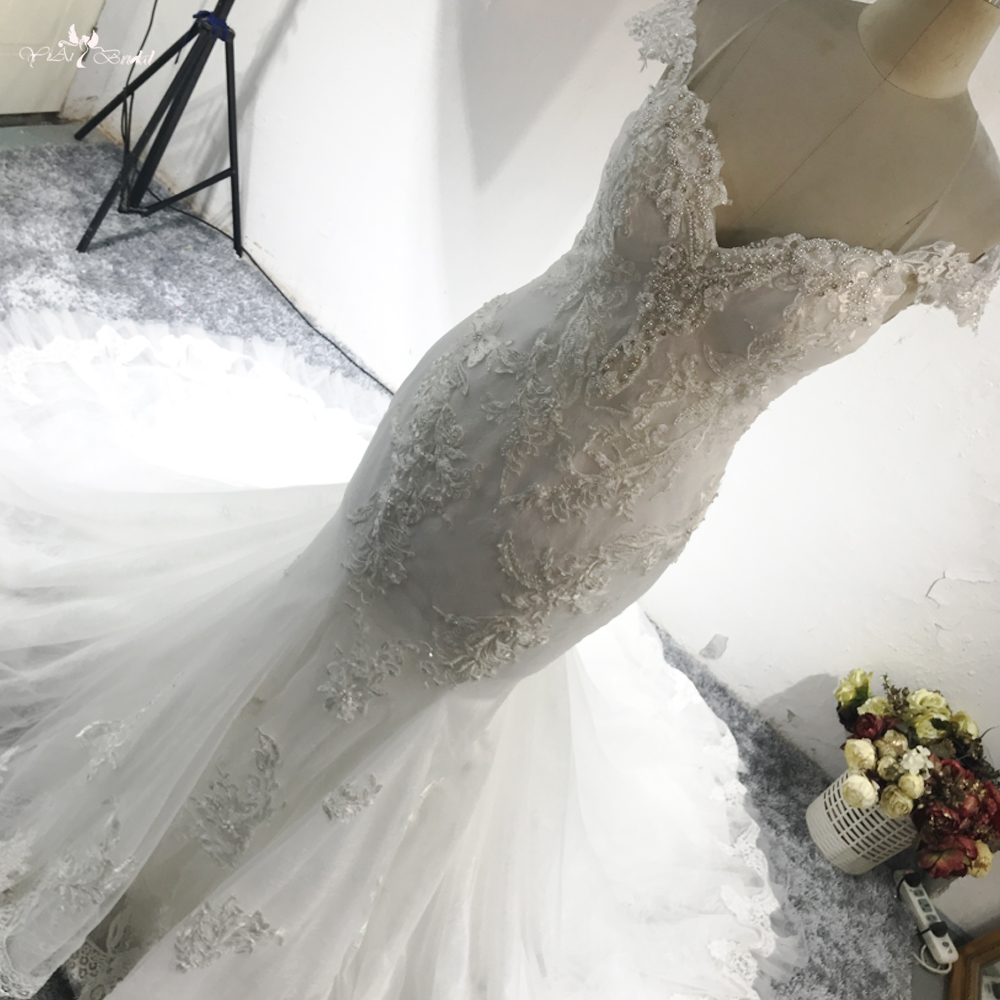 Cap Sleeve Illusion Back Lace Mermaid Wedding Gown with Long Train 17