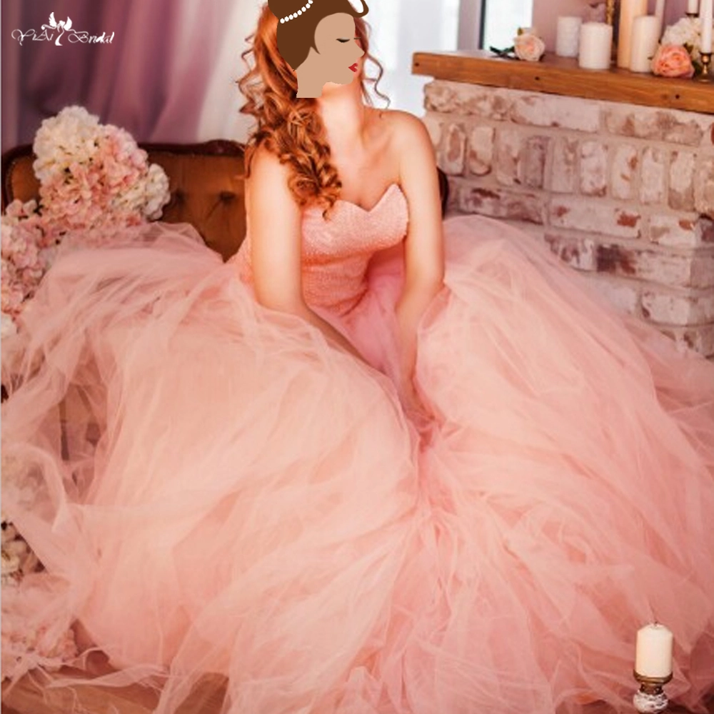 Vestido de baile coral Quinceanera com pérolas pesadas e saia de tule Vestidos de noiva 1