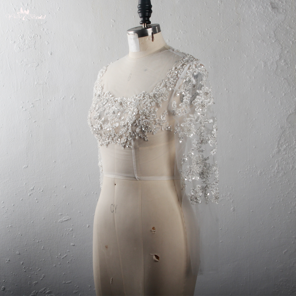 Quality High Quality Real Job Long Sleeves Silver Edged Iovry Lace Appliques Square Neckline Bridal Cape Manufacturer 6