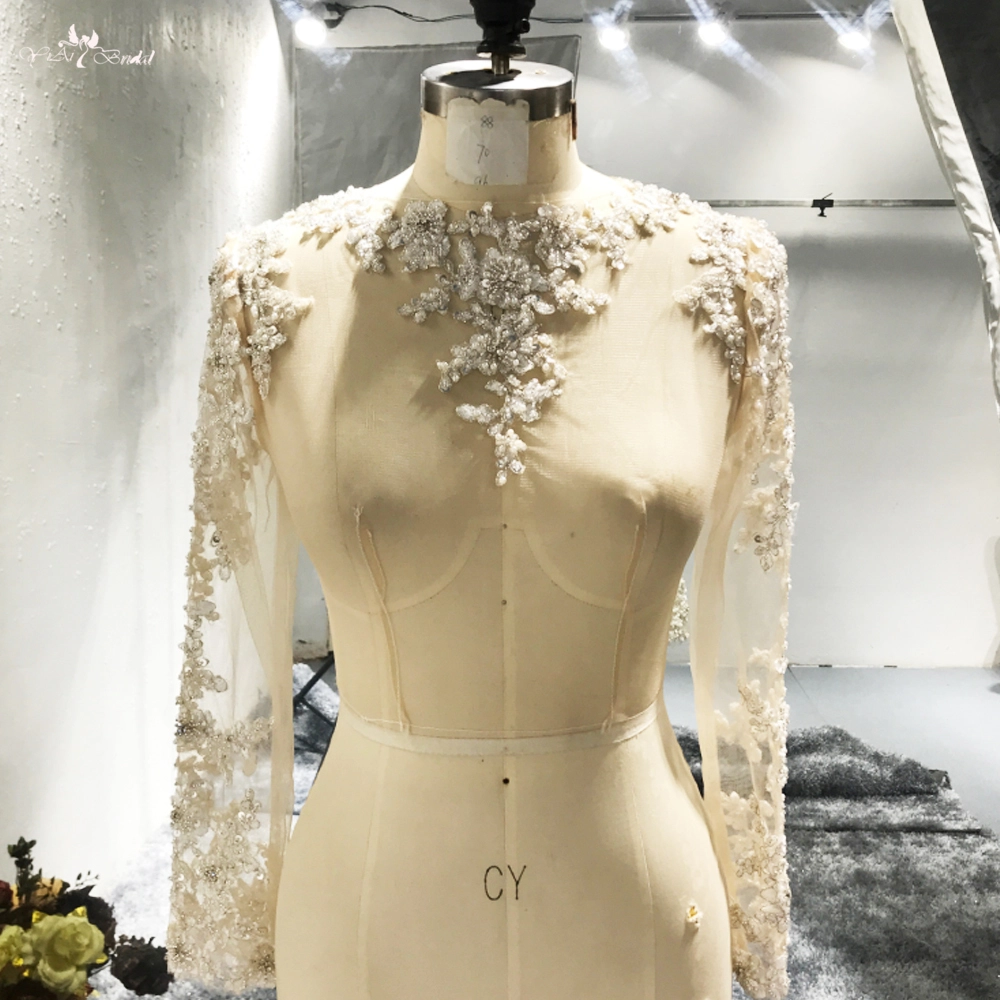 Wholesale Boat Neckline Long Sleeves Lace Appliques Beaded Bridal Bolero Lace Cape 1