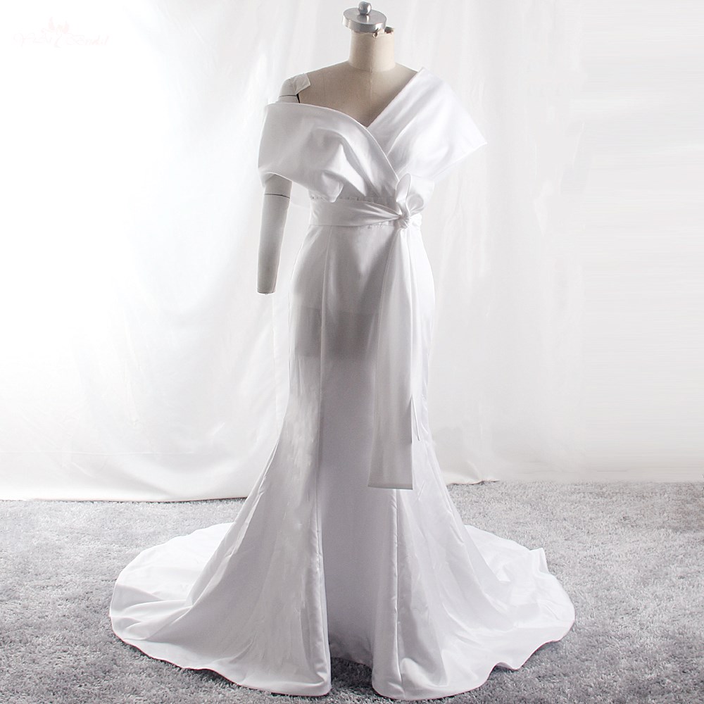 Simples Elegância Branco Cetim Macio Vestido Sereia Plissado Um Ombro Laço Faixas Vestidos de Baile Robe De Soirée 7