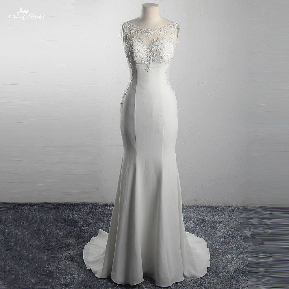 Sexy Illusion Back  See Through Sleeveless Mermaid Sheath Dress Wedding Dress Crystal Embroidery Bridal Gown 7