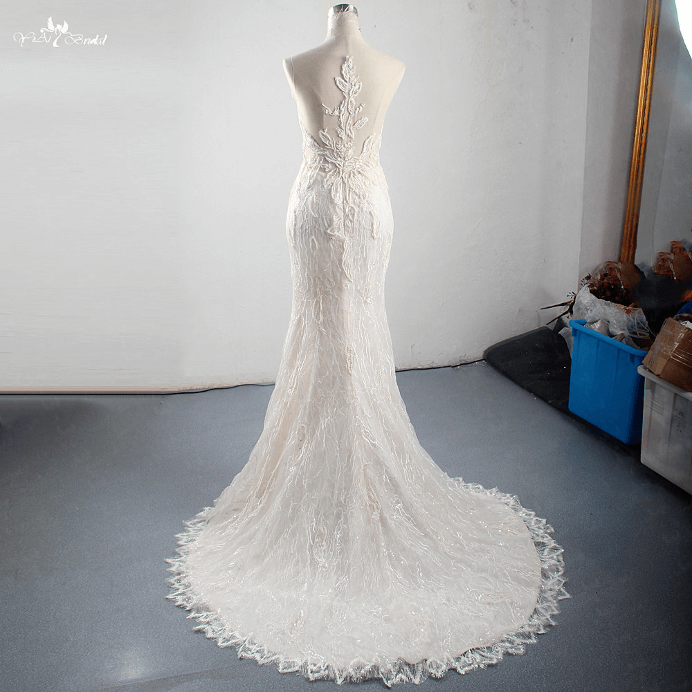 İnci Denizkızı Stili ve Kristal Dantel Aplikeli Lüks Boncuklu Uzun Gelinlik 9