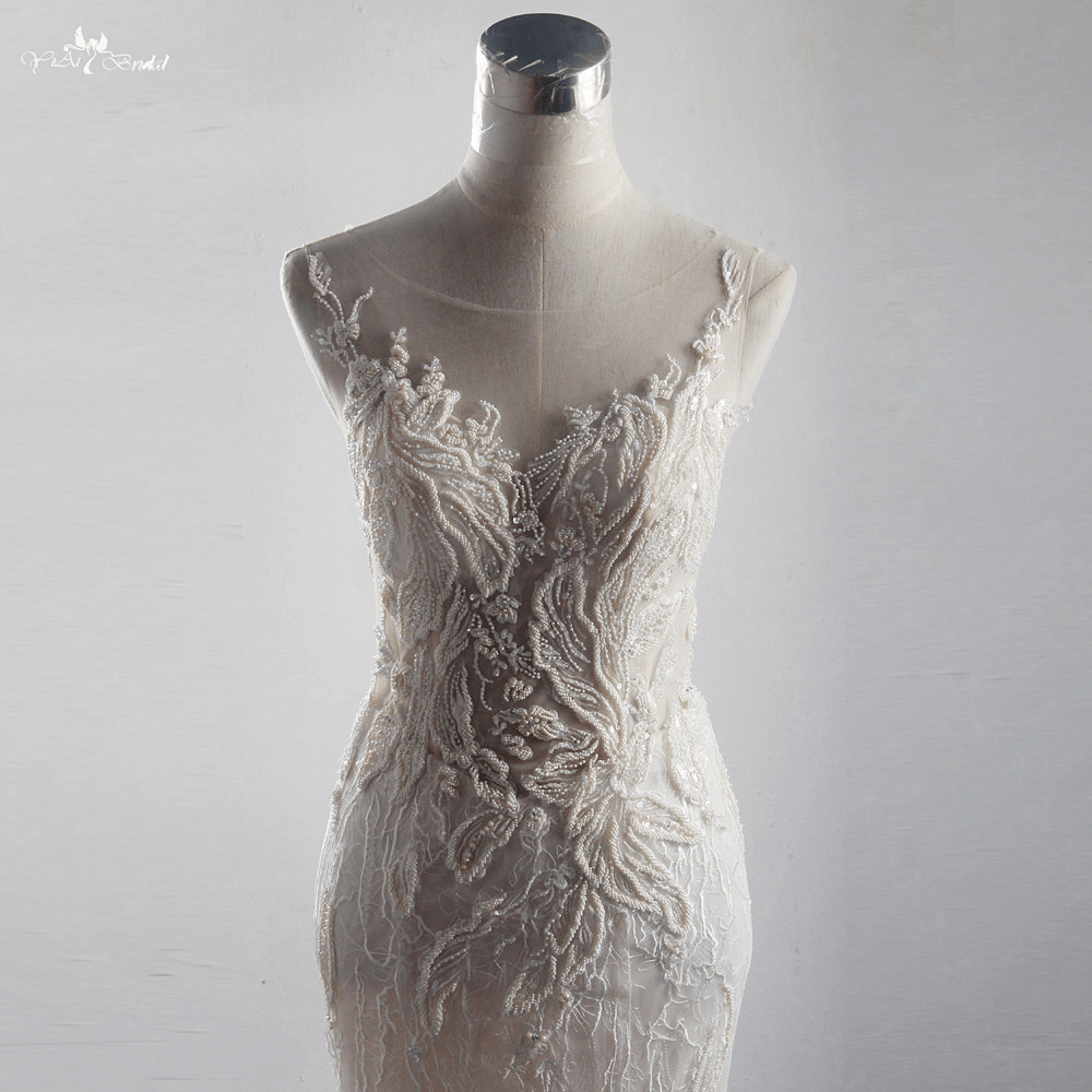 İnci Denizkızı Stili ve Kristal Dantel Aplikeli Lüks Boncuklu Uzun Gelinlik 8