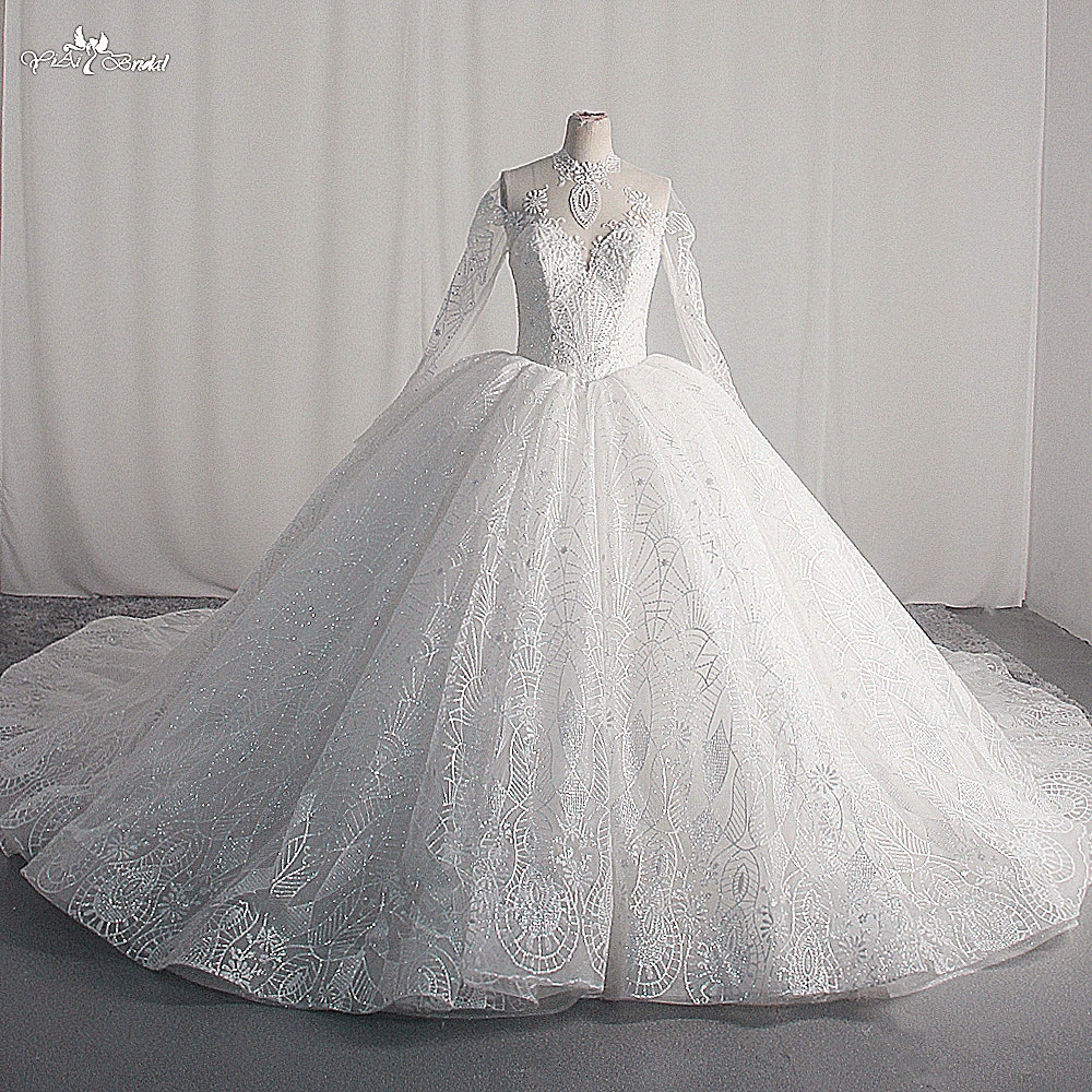 Customized Luxury O Neck Glitter Lace Ivory Wedding Dress Shiny Beaded Sequined Cathedral Train Sleeves Fluffy 1