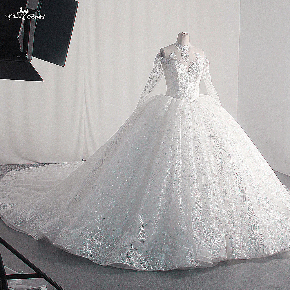 Customized Luxury O Neck Glitter Lace Ivory Wedding Dress Shiny Beaded Sequined Cathedral Train Sleeves Fluffy 8