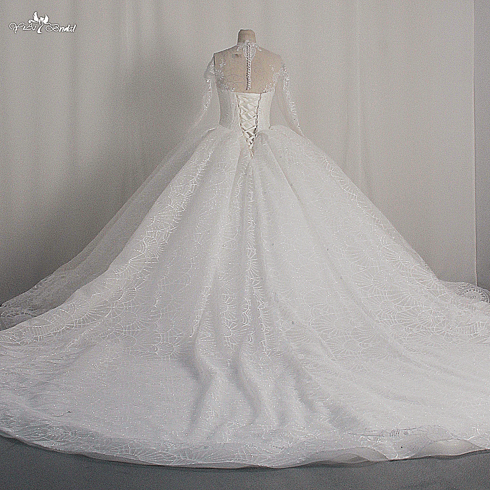 Customized Luxury O Neck Glitter Lace Ivory Wedding Dress Shiny Beaded Sequined Cathedral Train Sleeves Fluffy 9