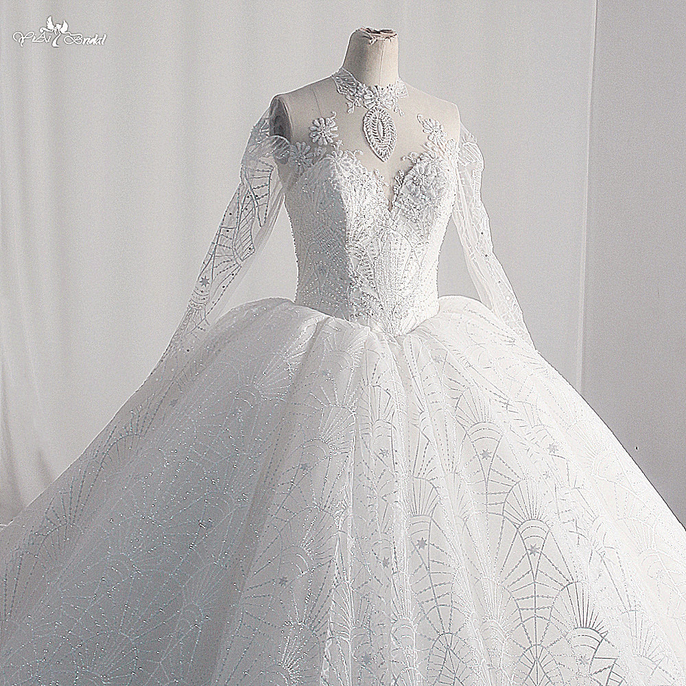 Customized Luxury O Neck Glitter Lace Ivory Wedding Dress Shiny Beaded Sequined Cathedral Train Sleeves Fluffy 10