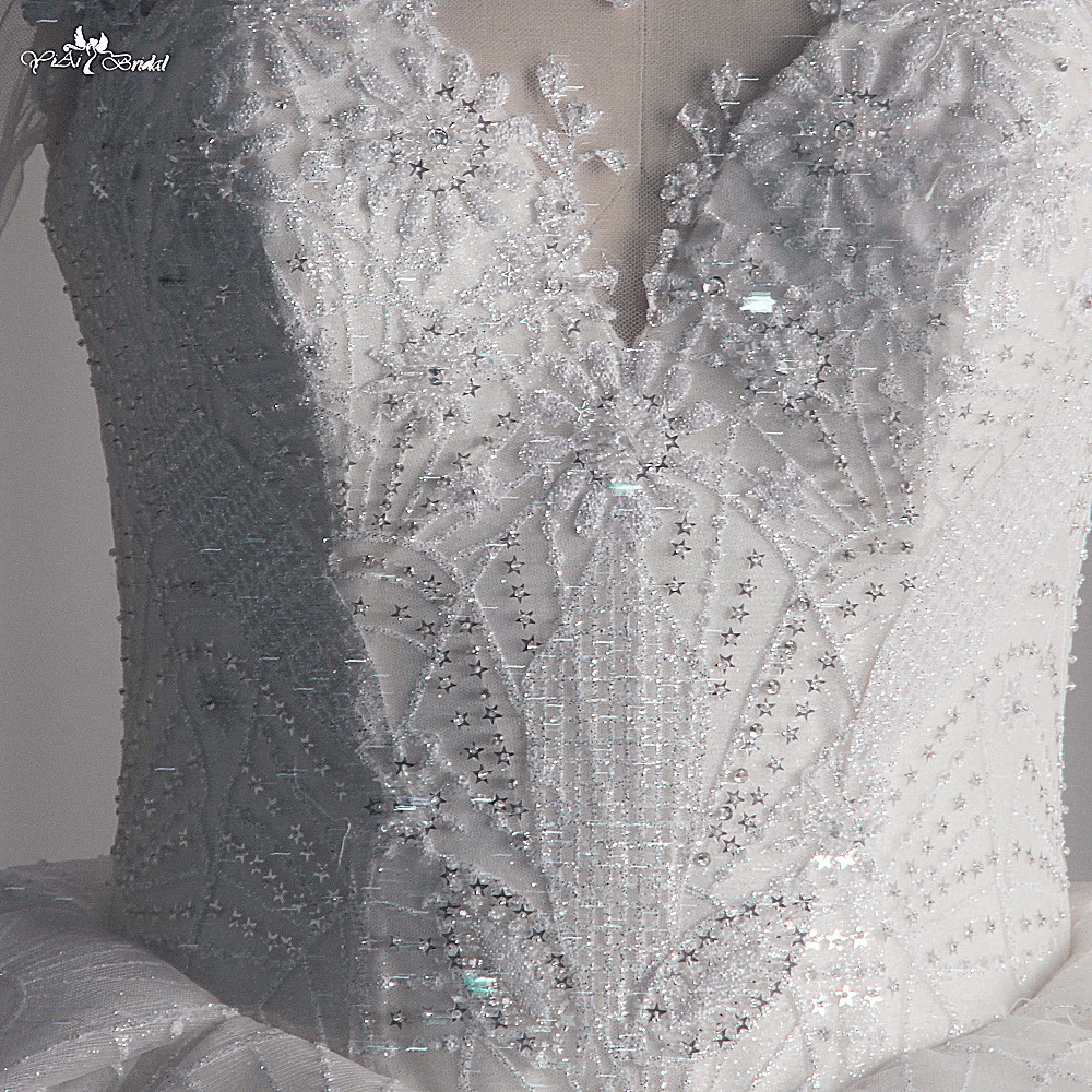 Customized Luxury O Neck Glitter Lace Ivory Wedding Dress Shiny Beaded Sequined Cathedral Train Sleeves Fluffy 12