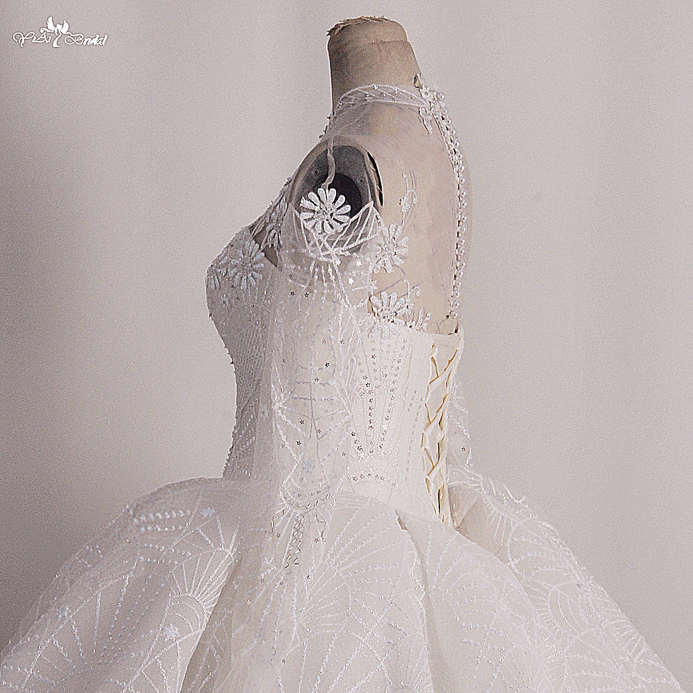 Customized Luxury O Neck Glitter Lace Ivory Wedding Dress Shiny Beaded Sequined Cathedral Train Sleeves Fluffy 11