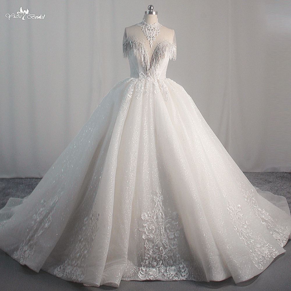  Quality LZ462 High Neck Beaded Glitter Tassel Small Pearls Lace Wedding Dress Shiny Tulle Cathedral Train Fluffy Bridal Gown Manufacturer | Yiaibridal 