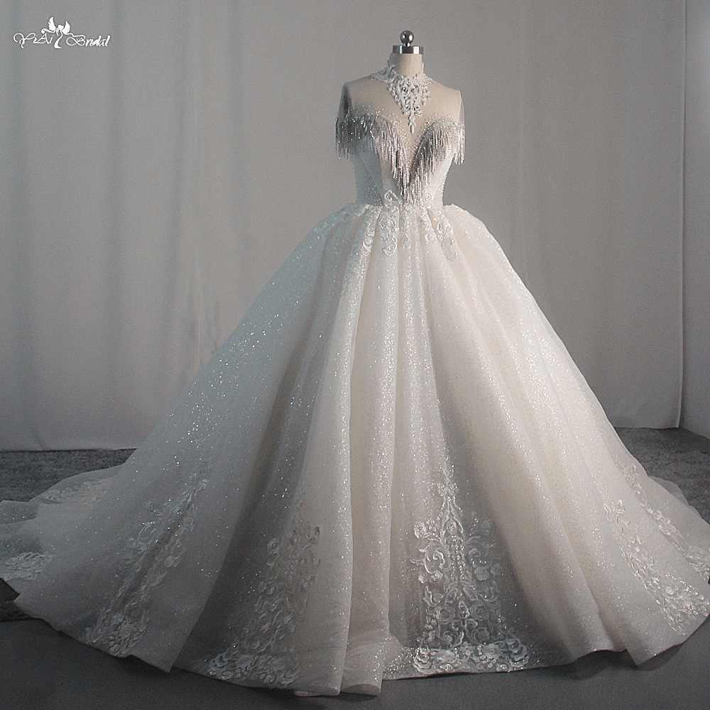 Quality LZ462 High Neck Beaded Glitter Tassel Small Pearls Lace Wedding Dress Cathedral Train Fluffy Bridal Gown 14