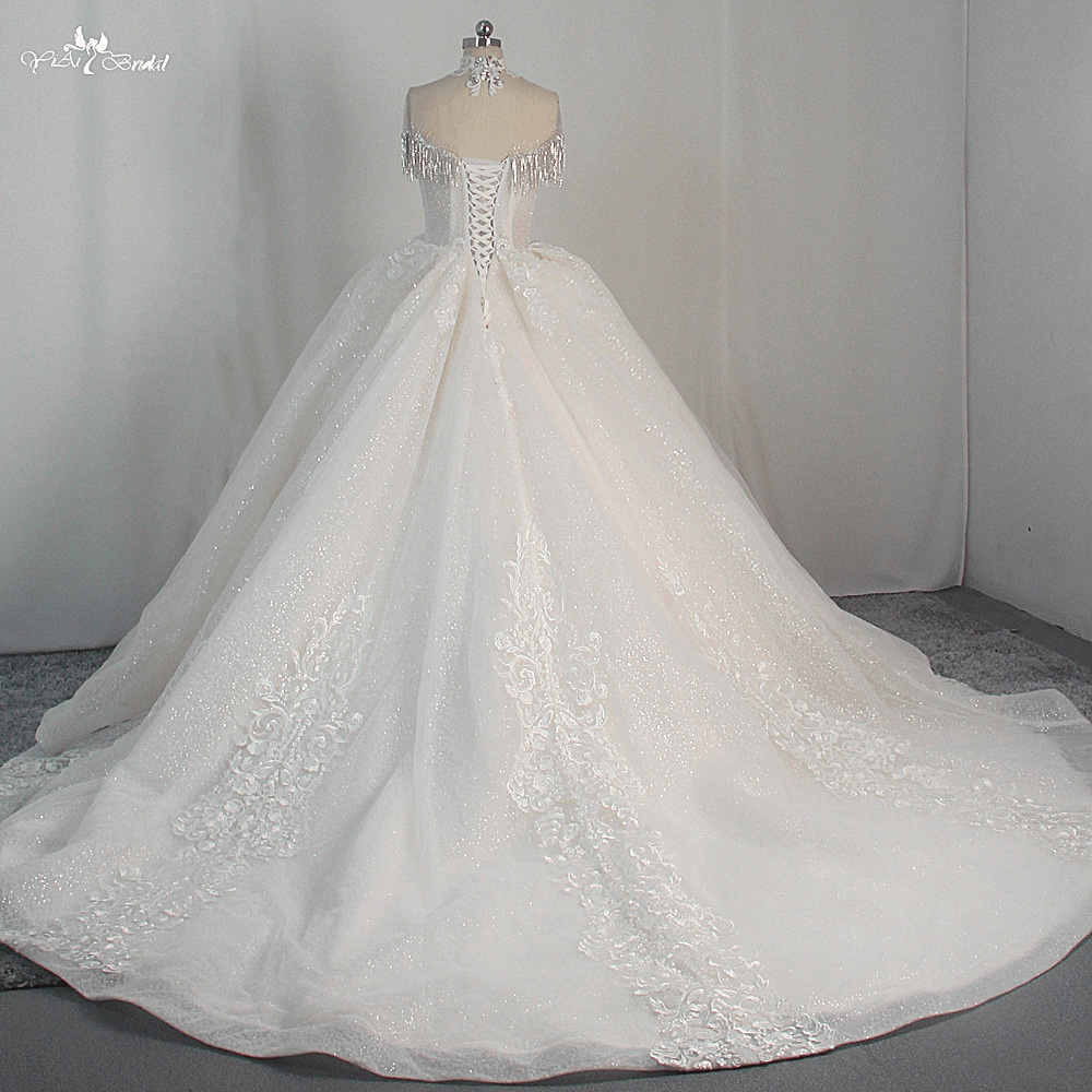 Quality LZ462 High Neck Beaded Glitter Tassel Small Pearls Lace Wedding Dress Cathedral Train Fluffy Bridal Gown 15
