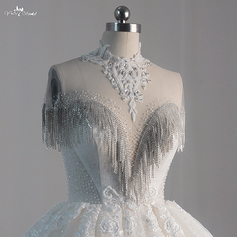 Quality LZ462 High Neck Beaded Glitter Tassel Small Pearls Lace Wedding Dress Cathedral Train Fluffy Bridal Gown 18