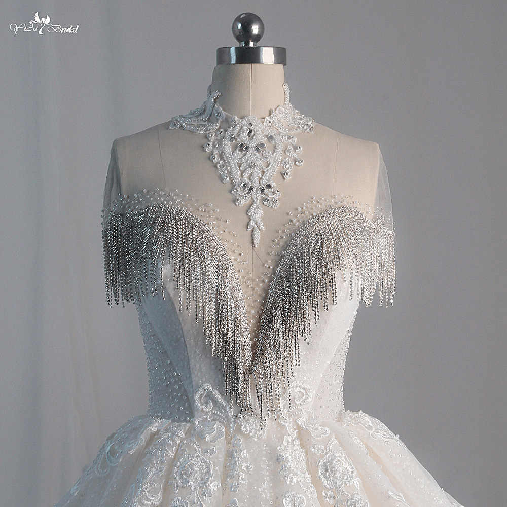 Quality LZ462 High Neck Beaded Glitter Tassel Small Pearls Lace Wedding Dress Cathedral Train Fluffy Bridal Gown 16