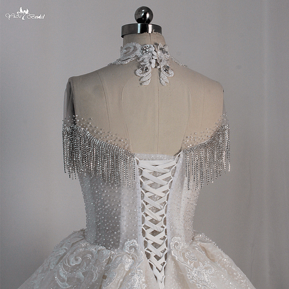 Quality LZ462 High Neck Beaded Glitter Tassel Small Pearls Lace Wedding Dress Cathedral Train Fluffy Bridal Gown 17