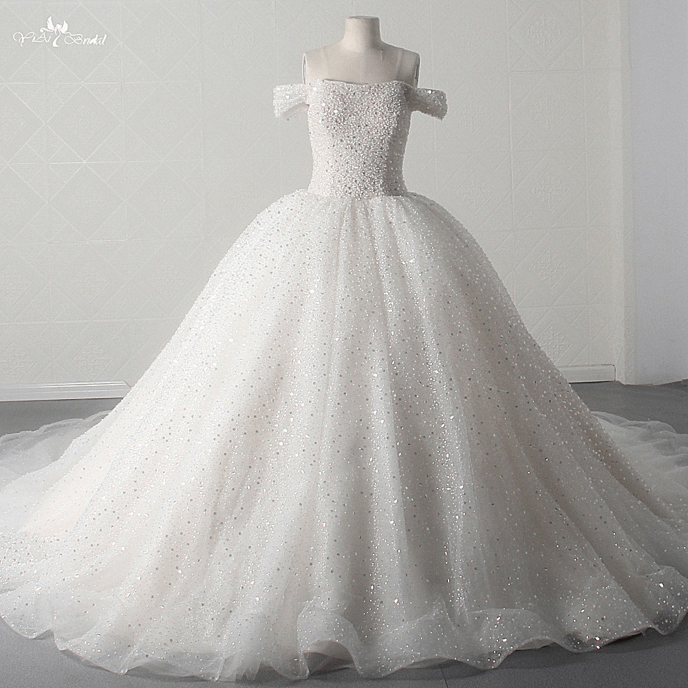  Best LZ456 Luxury Heavy Bead Pearls Sequined Sweetheart Neck Off The Shoulder Wedding Dress Fluffy Long Cathedral Train Brida Company - Yiaibridal 