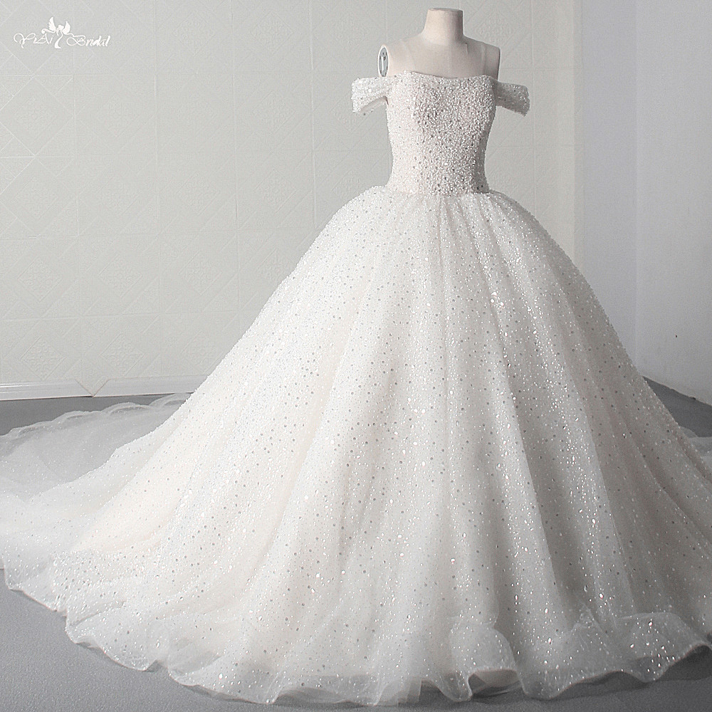 Best LZ456 Luxury Heavy Bead Pearls Sequined Sweetheart Neck Off The Shoulder Wedding Dress Fluffy 17