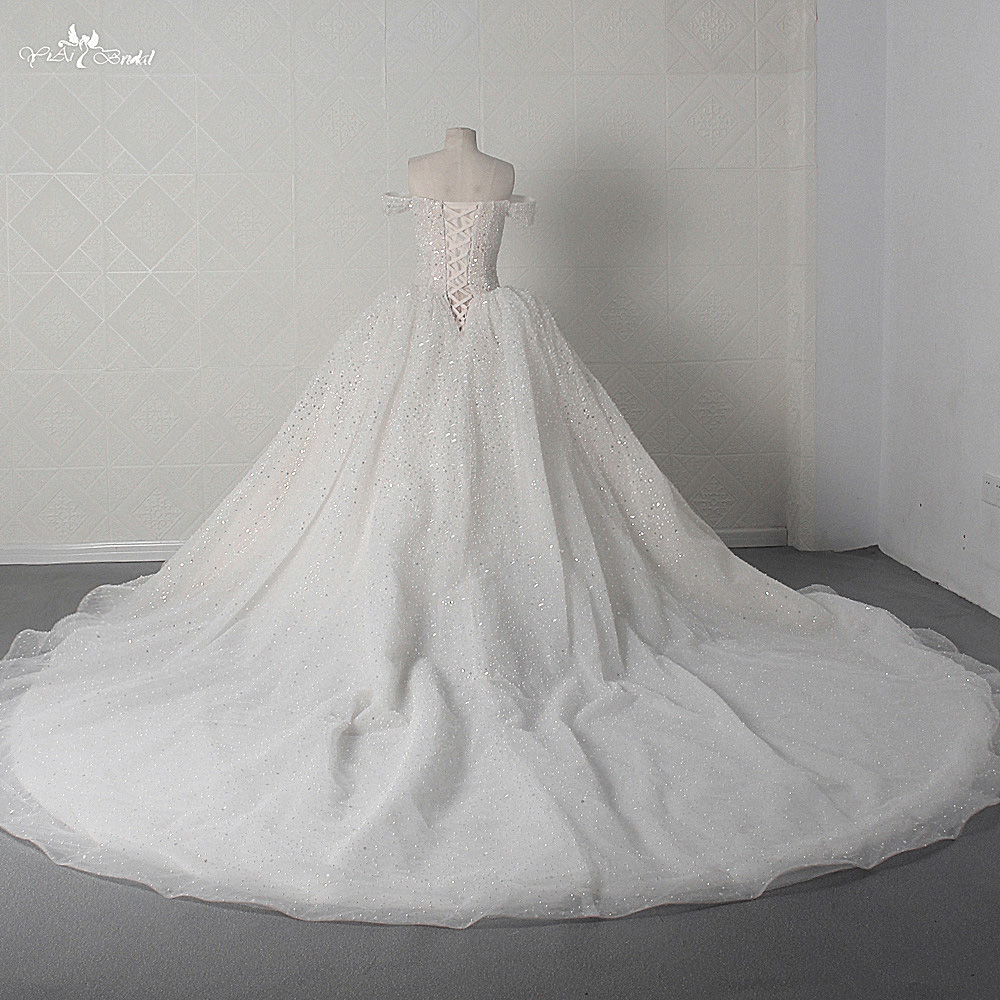 Best LZ456 Luxury Heavy Bead Pearls Sequined Sweetheart Neck Off The Shoulder Wedding Dress Fluffy 18