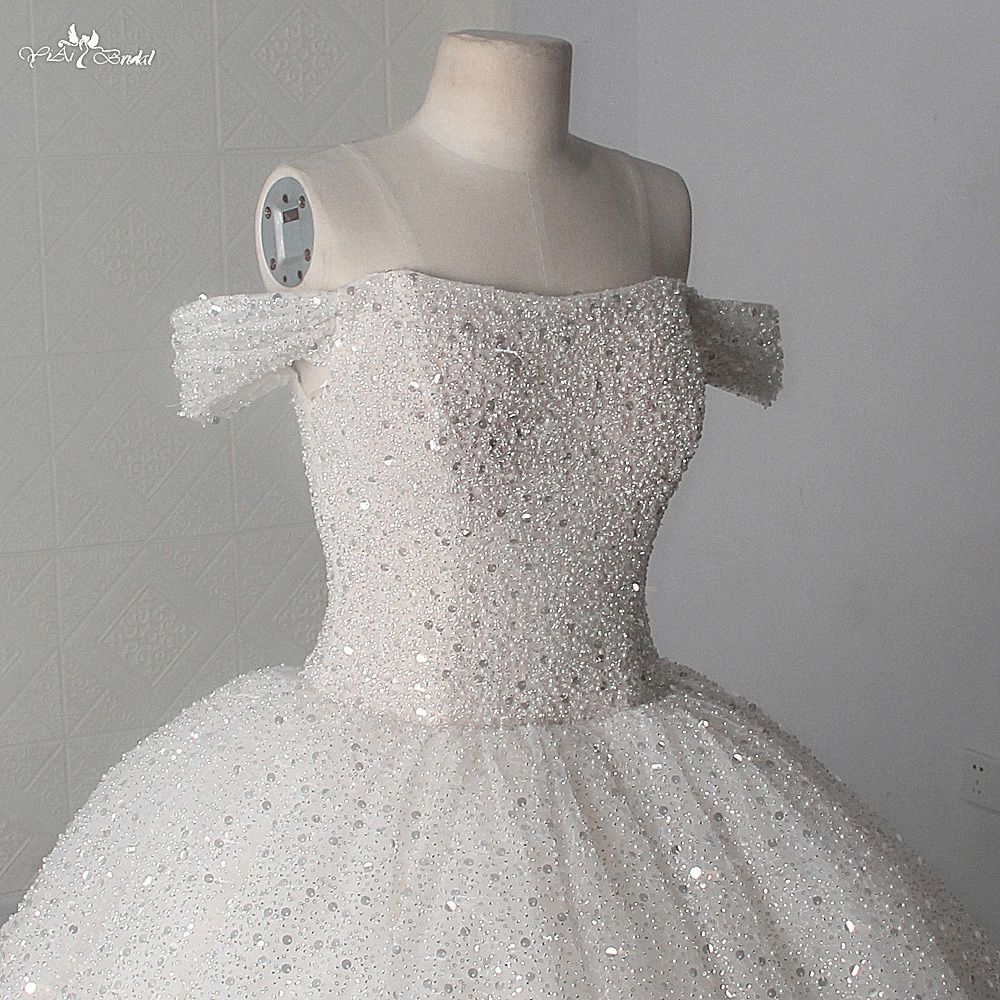 Best LZ456 Luxury Heavy Bead Pearls Sequined Sweetheart Neck Off The Shoulder Wedding Dress Fluffy 19