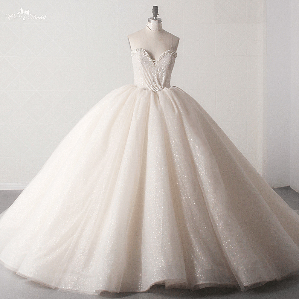  Customized LZ454 Charming Heavy Beaded Pearls Sequined Sweetheart Neck Sleeveless Wedding Dress Shiny Tulle Pleat Ball Gown manufacturers From China | Yiaibridal 