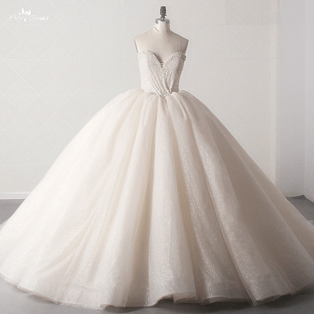 Customized LZ454 Charming Pearls Sequined Sweetheart Neck Sleeveless Wedding Dress Shiny Tulle Pleat Ball Gown 1