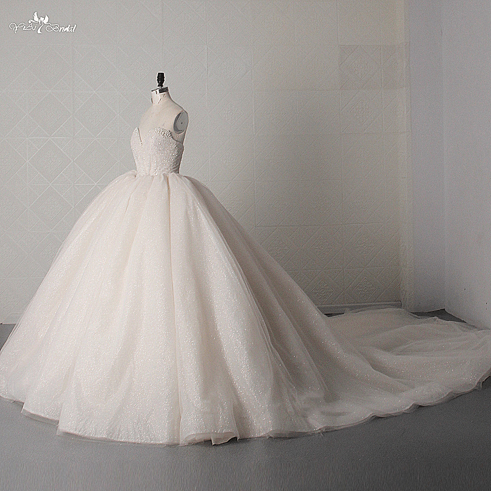 Customized LZ454 Charming Pearls Sequined Sweetheart Neck Sleeveless Wedding Dress Shiny Tulle Pleat Ball Gown 13