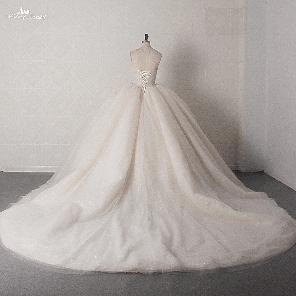 Customized LZ454 Charming Pearls Sequined Sweetheart Neck Sleeveless Wedding Dress Shiny Tulle Pleat Ball Gown 14