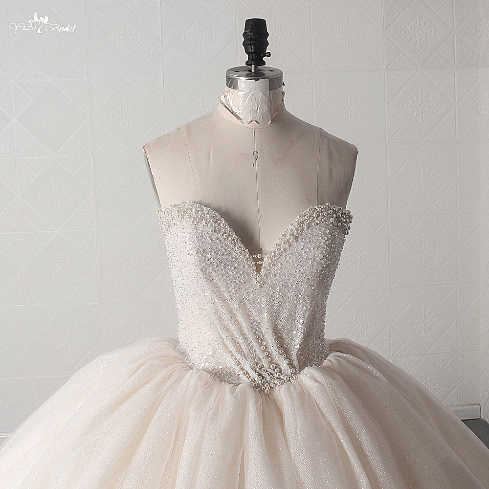 Customized LZ454 Charming Pearls Sequined Sweetheart Neck Sleeveless Wedding Dress Shiny Tulle Pleat Ball Gown 15