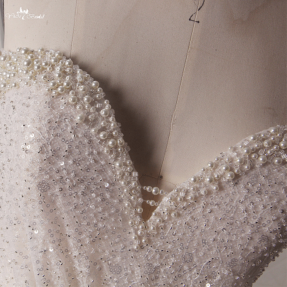 Customized LZ454 Charming Pearls Sequined Sweetheart Neck Sleeveless Wedding Dress Shiny Tulle Pleat Ball Gown 17