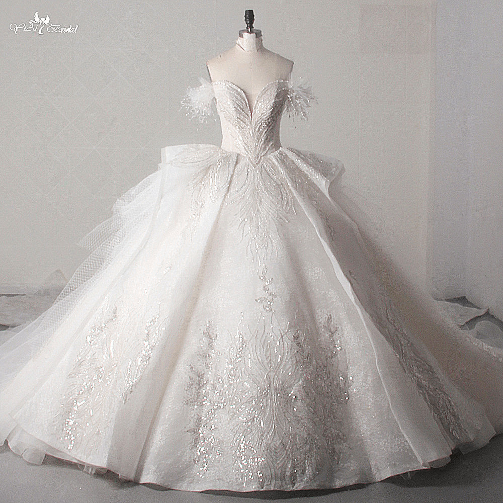 LZ453 Luxury Sweetheart Neck Off The Shoulder Glitter Lace Long Wedding Dress Heavy Bead Shiny Pearls Ruched Bridal Gown 7