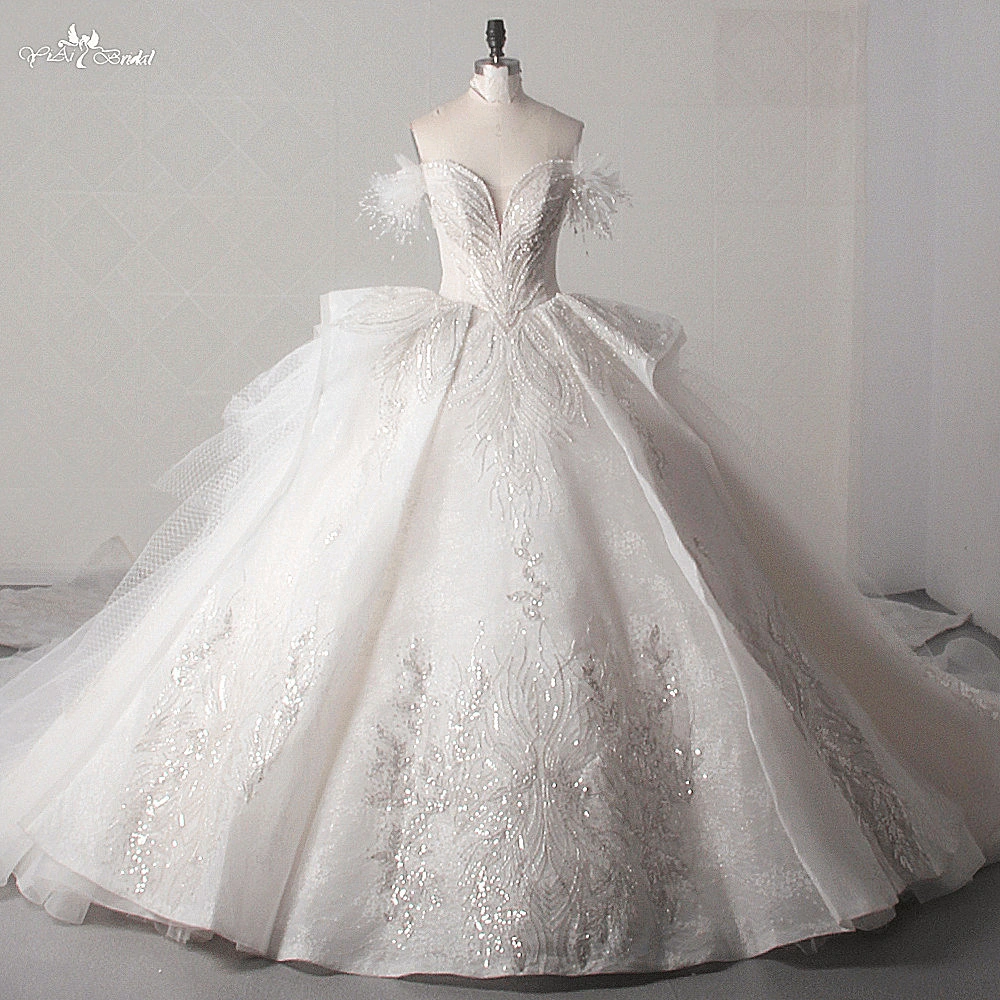 LZ453 Luxury Sweetheart Neck Off The Shoulder Glitter Lace Long Wedding Dress Heavy Bead Shiny Pearls Ruched Bridal Gown 1