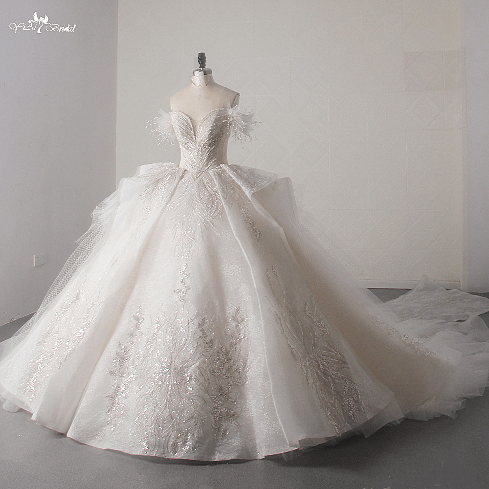 LZ453 Luxury Sweetheart Neck Off The Shoulder Glitter Lace Long Wedding Dress Heavy Bead Shiny Pearls Ruched Bridal Gown 8